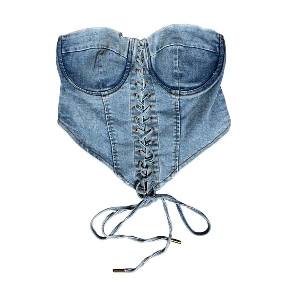 Blanc Boutique Denim strapless lace up corset top NWT - Picture 1 of 5